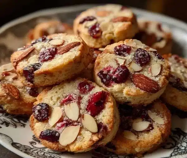 Cranberry Almond Shortbread Cookies on a plate, ready to enjoy.
