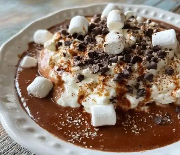 Creamy crockpot hot chocolate served in a cozy mug with marshmallows