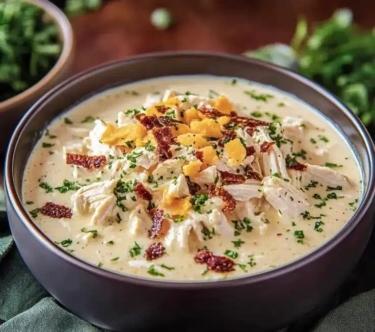 Creamy slow cooker keto chicken cream cheese soup garnished with herbs