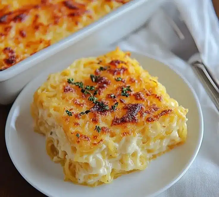 Delicious creamy spaghetti squash au gratin dish, baked and golden.
