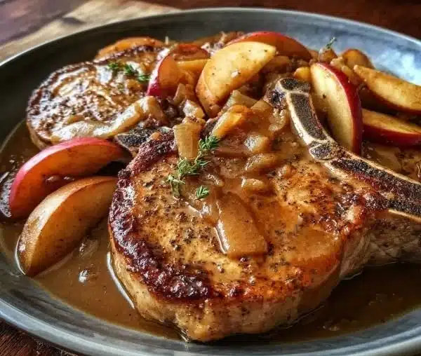Delicious Crock Pot Apple Pork Chops served with apples and herbs