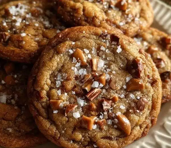 Decadent chewy toffee cookies sprinkled with sea salt on a wooden surface