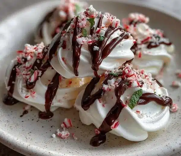 Delicate peppermint meringues drizzled with chocolate