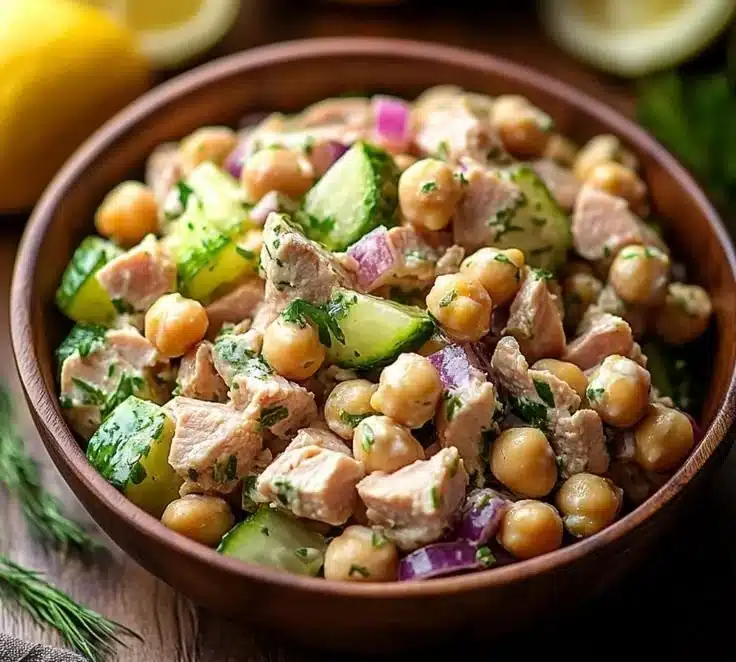 Healthy tuna chickpea salad served in a bowl with fresh ingredients.