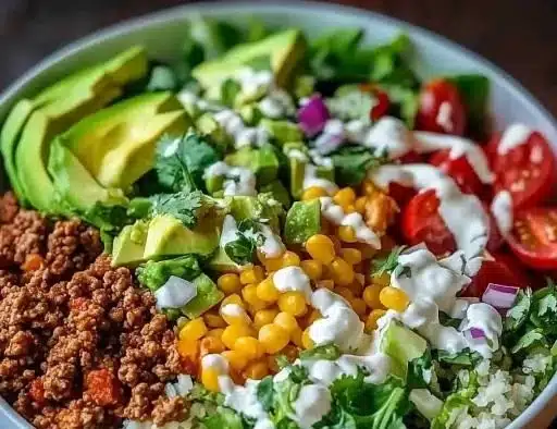 Low carb burrito bowl with protein, vegetables, and flavorful toppings