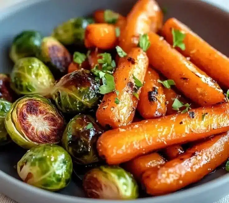 Deliciously crispy maple glazed carrots and Brussels sprouts on a serving plate.