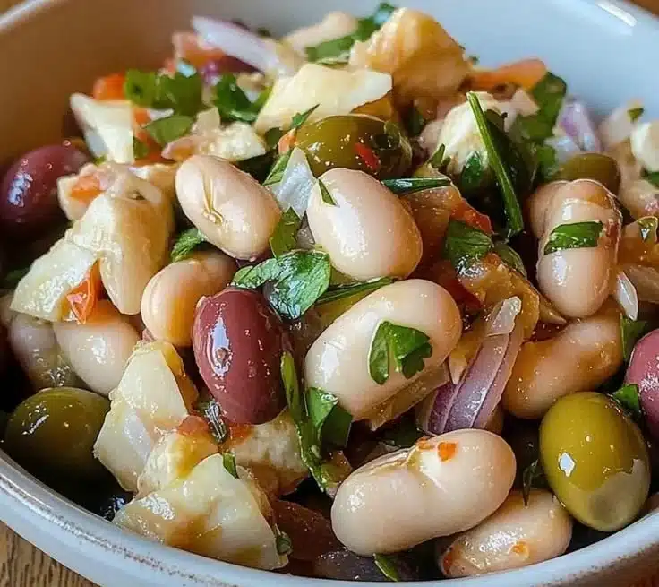 Bowl of easy Mediterranean Bean Salad with olives, onions, and colorful beans