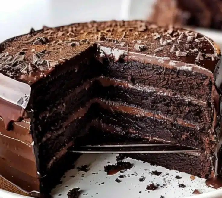 Delicious Espresso Dark Chocolate Midnight Cake topped with rich chocolate frosting