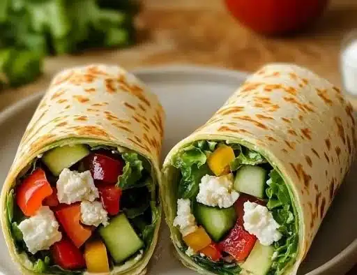 Flavor-packed Mediterranean wrap filled with fresh ingredients for a healthy meal.