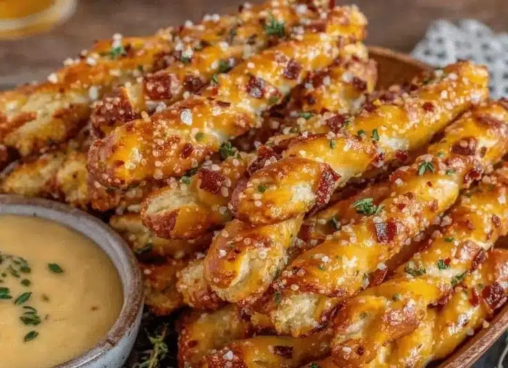 Delicious spicy cheddar pretzel sticks served for the Super Bowl party.