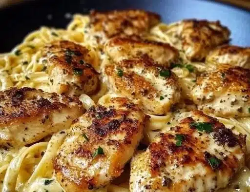 Garlic Butter Chicken served with linguine in rich Alfredo sauce