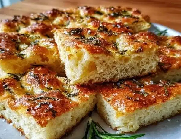 Freshly baked gluten-free focaccia bread topped with herbs and olive oil