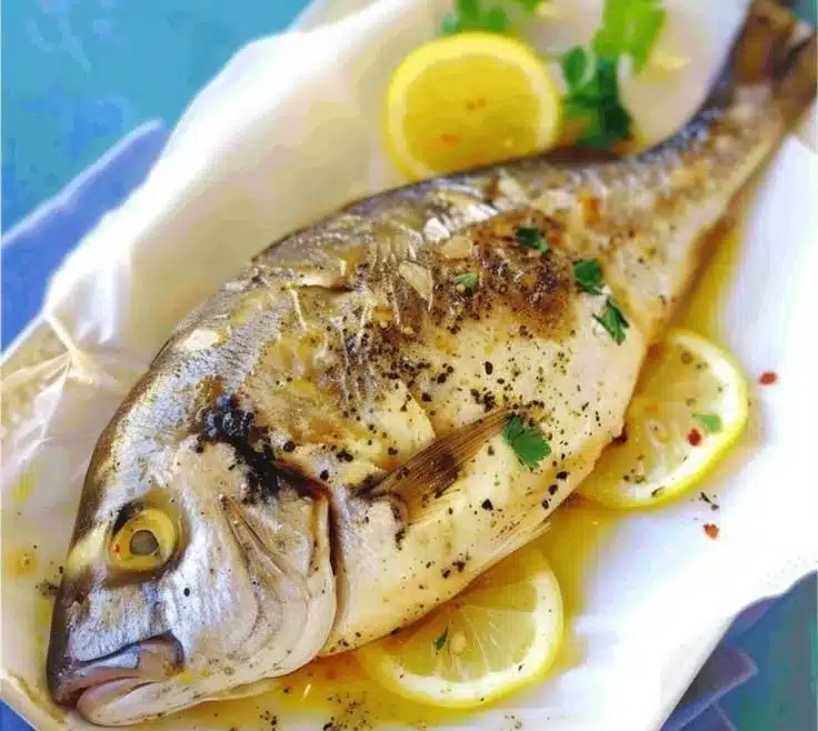Delicious Greek Lemon-Garlic Roasted Sea Bream garnished with herbs