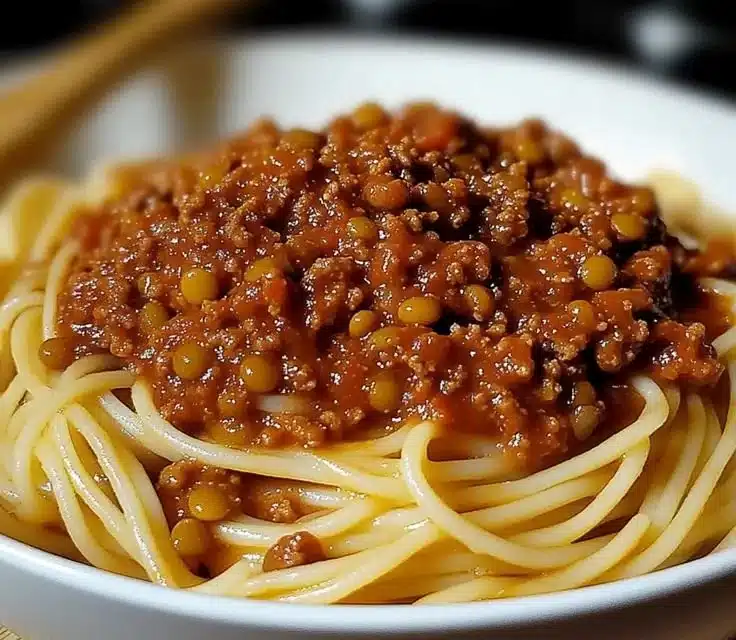 Hearty Lentil Bolognese served in a bowl with fresh herbs