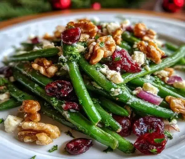 Holiday green bean salad with feta cheese, cranberries, and walnuts served in a bowl
