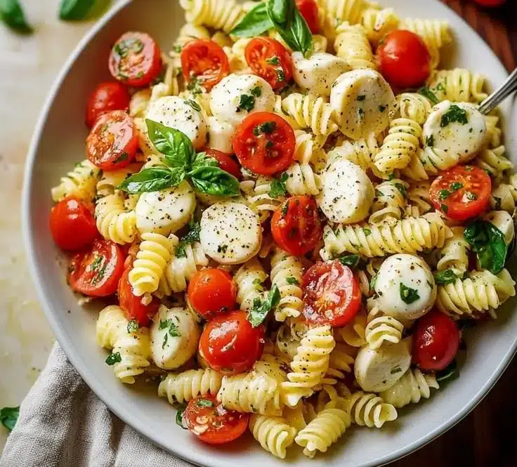 Creamy Caprese pasta salad with tomatoes, mozzarella, and basil in a bowl