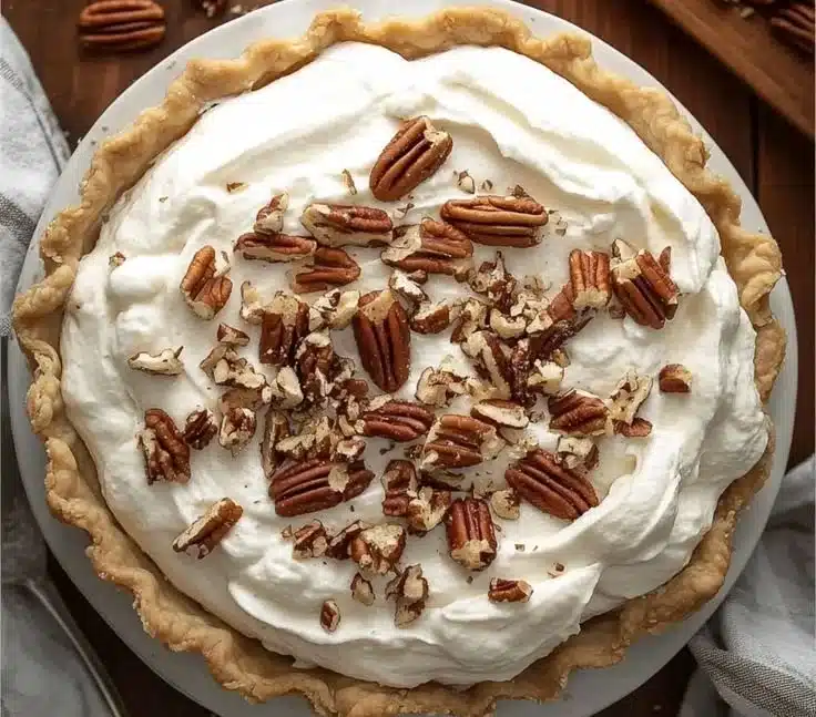 Irresistibly creamy pecan cream pie topped with whipped cream and nuts