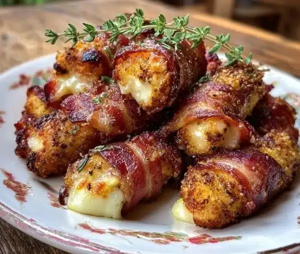 Low carb Nashville hot bacon wrapped mozzarella sticks on a platter