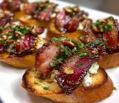 Delicious Million Dollar Bacon Crostini topped with creamy spread and crispy bacon.