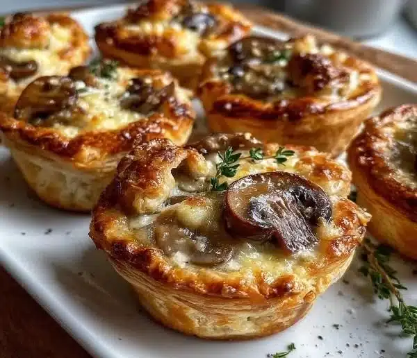 Mini Mushroom & Gruyère Pot Pies served on a rustic wooden table