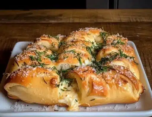 Mozzarella stuffed pretzels topped with rosemary and parmesan in a basket