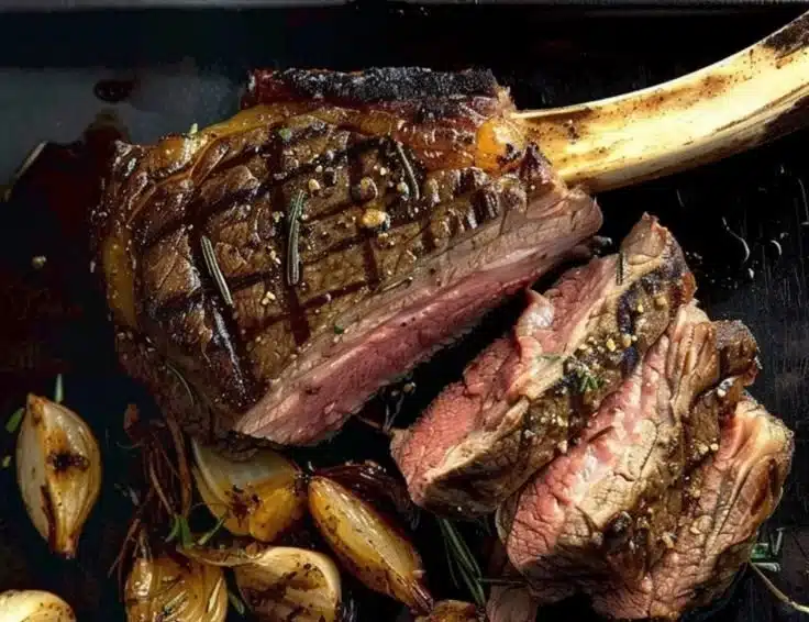 Native Pepperberry Rubbed Ribeye steak on a wooden cutting board