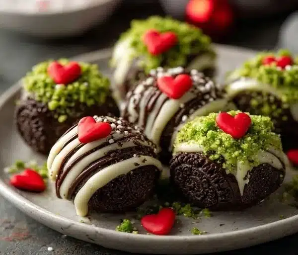 No-bake Grinch Oreo Truffles decorated for Christmas