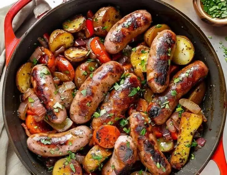 One-Pan Garlic Butter Sausage and potatoes meal served on a plate