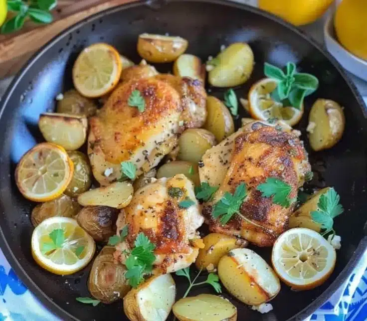 One-Pan Greek Lemon Chicken served with Feta Potatoes on a rustic plate.