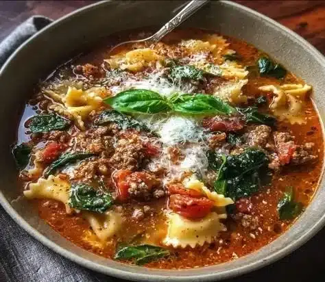 Delicious one-pot lasagna soup served in a bowl with fresh herbs.
