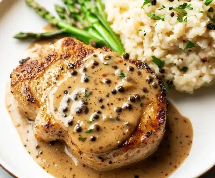 Delicious pork chops topped with rich peppercorn sauce
