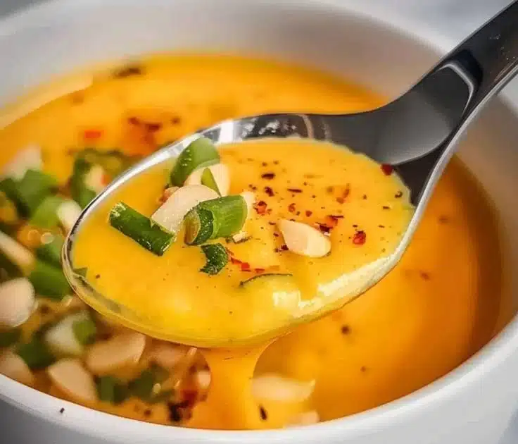 A bowl of roasted carrot coconut ginger soup garnished with fresh herbs.