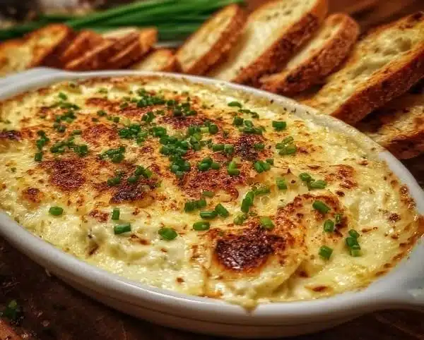 Delicious Smoked Gouda and Onion Dip served in a bowl with fresh herbs.