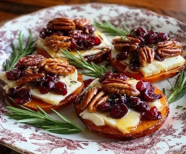 Sweet potato rounds topped with brie, cranberry, and pecans on a serving platter
