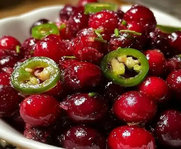 Sweet and spicy cranberry jalapeño cowboy candy in a jar
