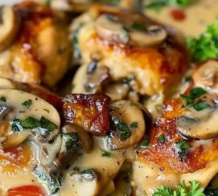 Tuscan Garlic Chicken and Mushroom Roulade plated with herbs and spices