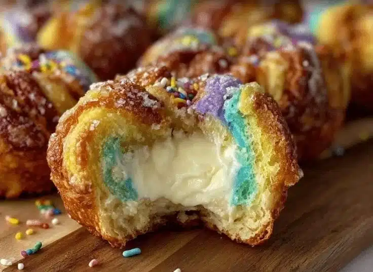 Colorful rainbow bagel bites displayed on a plate