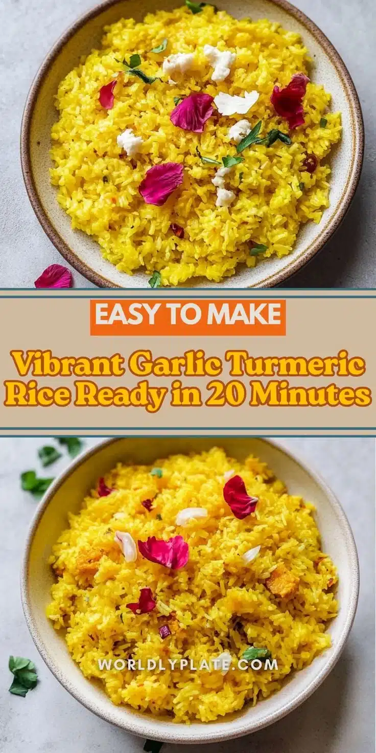 Bowl of garlic turmeric rice garnished with herbs