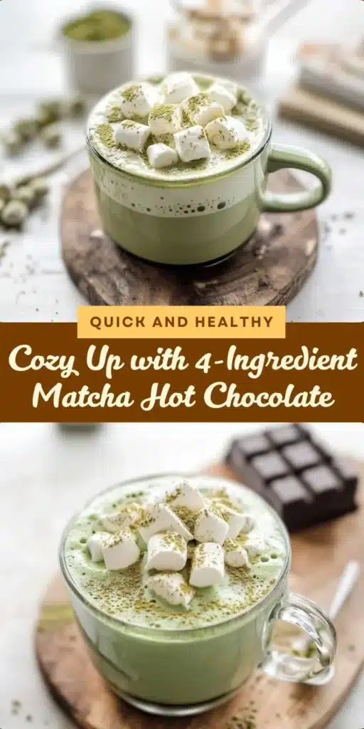 Delicious 4-ingredient matcha hot chocolate in a mug, topped with whipped cream.