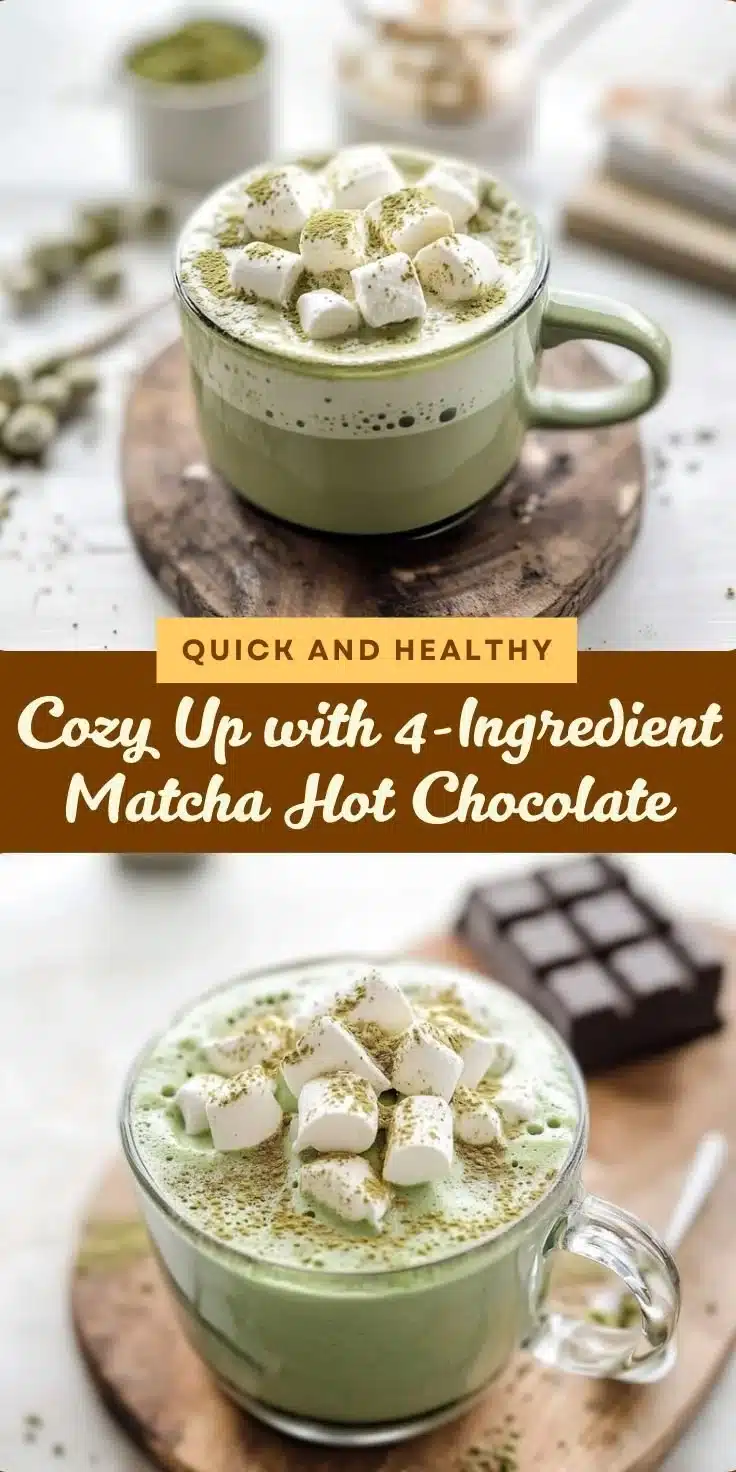 Delicious 4-ingredient matcha hot chocolate in a mug, topped with whipped cream.