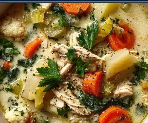 Bowl of anti-inflammatory creamy chicken soup garnished with herbs