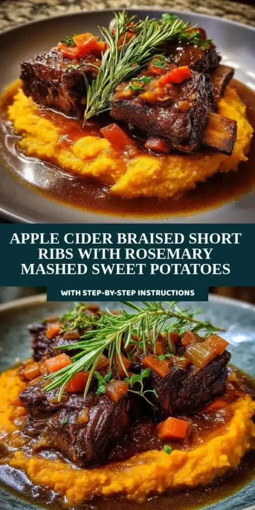 Delicious apple cider braised short ribs served with rosemary mashed sweet potatoes