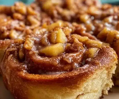 Freshly baked Apple Cinnamon Rolls topped with glaze and cinnamon.