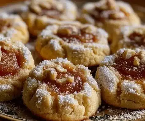 Freshly baked apple pie thumbprint cookies on a rustic wooden table