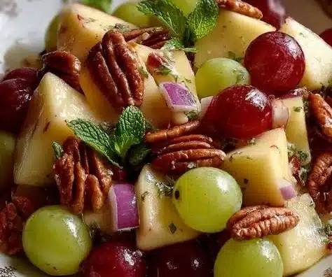 Fresh apple salad with nuts and greens in a bowl
