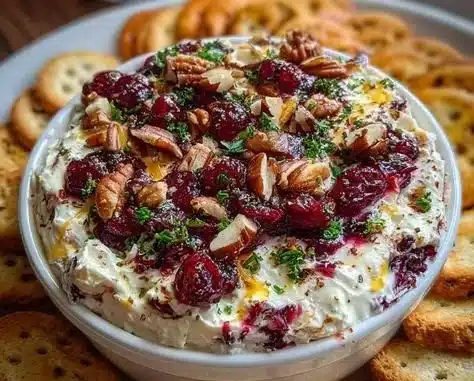 Baked Cranberry Cream Cheese Dip served in a dish with crackers on the side