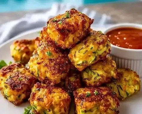 Baked sweet potato zucchini tots served on a plate with dipping sauce
