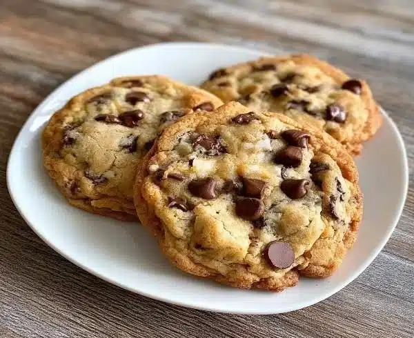 Bakery style chocolate chip cookies fresh out of the oven, loaded with chocolate chips.