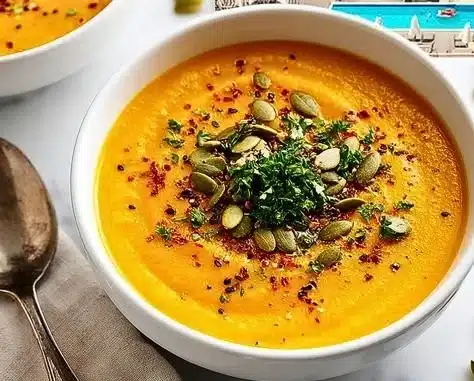Creamy and delicious butternut squash soup served in a bowl.