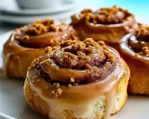 Freshly baked Biscoff Cookie Butter cinnamon rolls topped with icing.